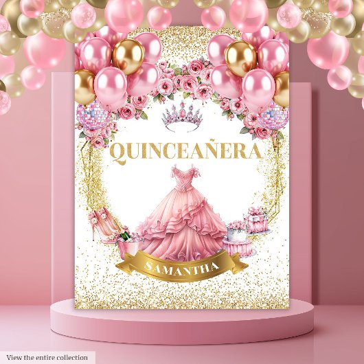 Tapisserie murale Quinceañera Robe rose Or Tiara