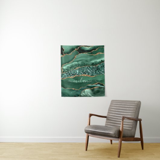 Tapisserie personnalisée en marbre doré vert émera (En situation)