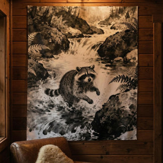 Tapisserie Raccoon Stream | Art de la faune forest
