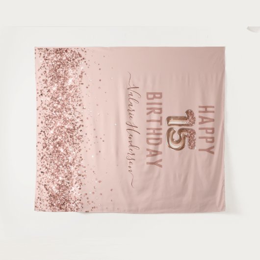 Tapisserie Rose Gold Pink Joyeux 15e Anniversaire (Devant (Horizontal))