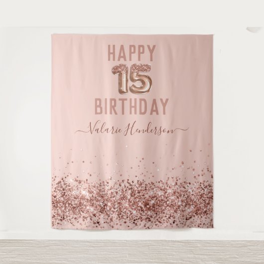 Tapisserie Rose Gold Pink Joyeux 15e Anniversaire (Devant)