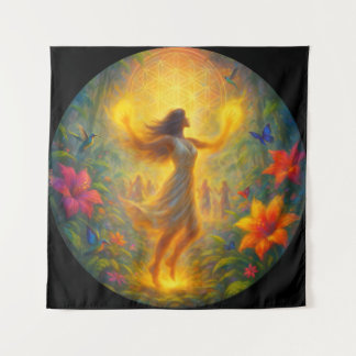 Tapisserie Spirituelle – Femme en Lumière et Mouve