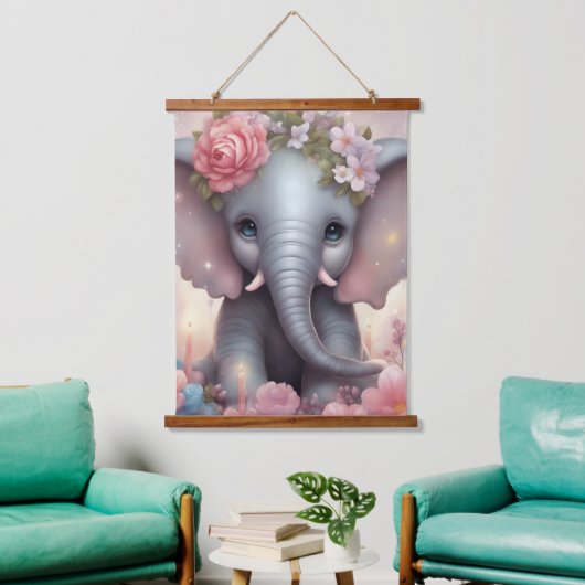 Tapisserie Suspendue Adorable bébé éléphant avec fleurs (Salon)