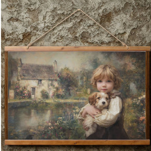 Tapisserie Suspendue Affiche de cottage vintage enfant avec chiot