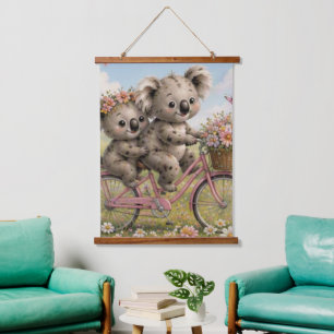 Tapisserie Suspendue Amis Koalas Faisant du Vélo à Travers des Fleurs S