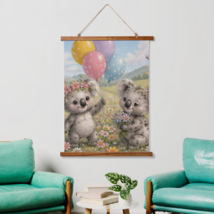 Tapisserie Suspendue Amis Koalas Fêtant dans des Fleurs Sauvages Coloré