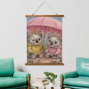 Tapisserie Suspendue Amis koalas partageant un parapluie par temps de p