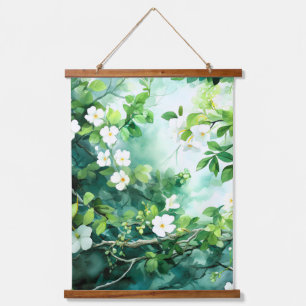 Tapisserie Suspendue Aquarelle botanique Fleurs blanches Feuilles verte