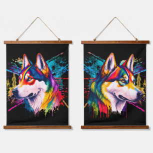 Tapisserie Suspendue Aquarelle Husky Sibérien Arc-en-Ciel
