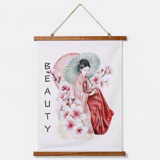Tapisserie Suspendue Aquarelle japonaise de Geisha avec Kimono et Sakur