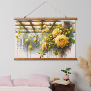 Tapisserie Suspendue Aquarelle Jaune Roses Jardin Métal Imprimer
