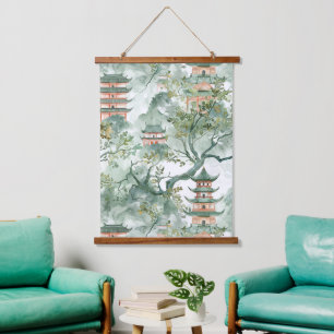 Tapisserie Suspendue Aquarelle Pagode asiatique dans paysage verdoyant