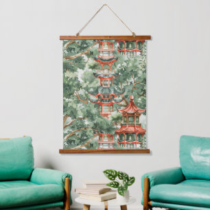 Tapisserie Suspendue Aquarelle Pagode asiatique dans paysage verdoyant 