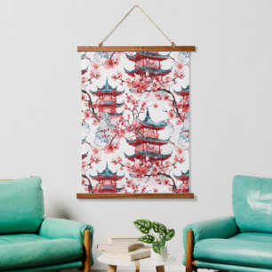 Tapisserie Suspendue Aquarelle Pagode chinoise avec fleurs de cerisiers