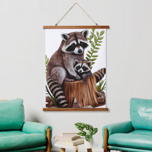 Tapisserie Suspendue Aquarelle Raton laveur maman et bébé