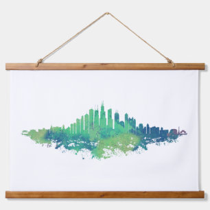 Tapisserie Suspendue Aquarelle Skyline de Chicago en bleu et vert