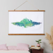 Tapisserie Suspendue Aquarelle Skyline de Chicago en bleu et vert (Chambre à coucher)