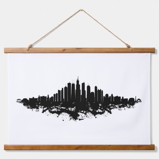 Tapisserie Suspendue Aquarelle Skyline de Chicago noir et blanc (Devant)