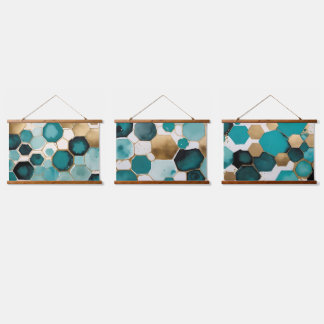 Tapisserie Suspendue Aquarelle turquoise et Gold Honeypeb Grunge