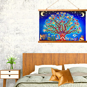 Tapisserie Suspendue Arbre De Vie Avec Oiseaux Et Fleurs Dans Le Ciel N