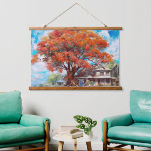 Tapisserie Suspendue Arbre rustique Royal Poinciana dans l'aquarelle de