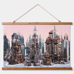 Tapisserie Suspendue Art de la skyline de ville futuriste pastel fantas