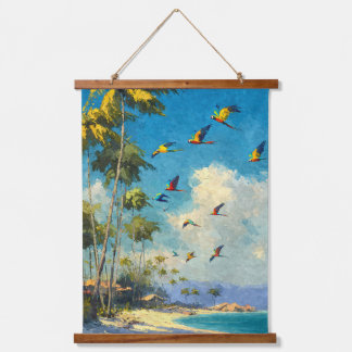 Tapisserie Suspendue Art de plage de ciel tropical avec perroquets vola