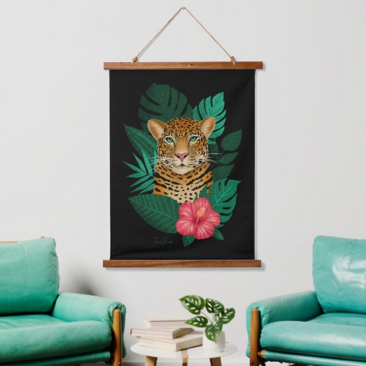 Tapisserie Suspendue Art Floral Jungle Leopard élégant | Noir vert (Salon)