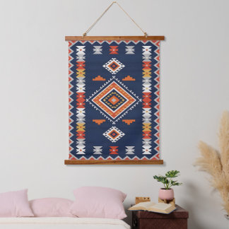 Tapisserie Suspendue Azure Navy and Terracotta Geometric Tribal