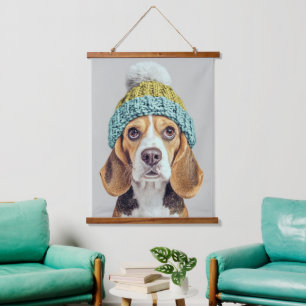 Tapisserie Suspendue Beagle douillet dans un Casquette Knit d'hiver