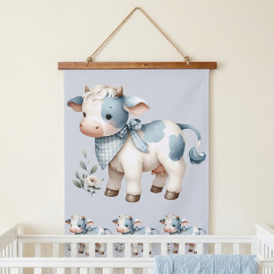 Tapisserie Suspendue Bébé Vache Gingham Bleu Pastel Esthétique Ferme