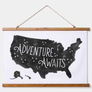 Tapisserie Suspendue Black Adventure Attend US Map Kids Room Decor