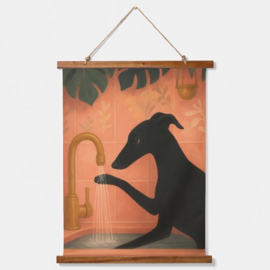 Tapisserie Suspendue Black Greyhound Washing Paws Wall Art (Recto)
