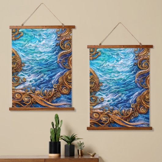 Tapisserie Suspendue Blue and Gold Ocean Ripple Waves Art Abstrait (Asymétrique)