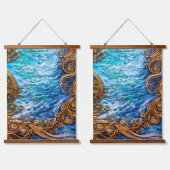 Tapisserie Suspendue Blue and Gold Ocean Ripple Waves Art Abstrait (Double)