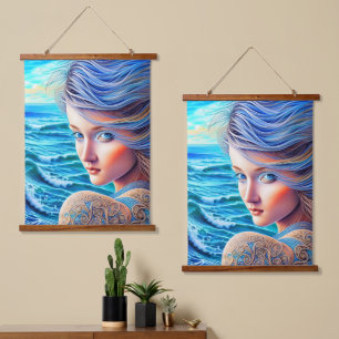Tapisserie Suspendue Blue Girl Ocean Waves Imaginaire fine oeuvre d'art