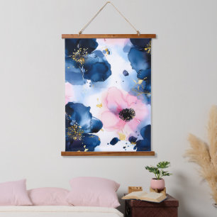 Tapisserie Suspendue Blush Rose Gold Bleu de Nuit Floral Aquarelle