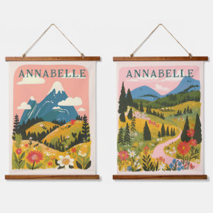 Tapisserie Suspendue Boho Floral Montagnes Illustration Prénom
