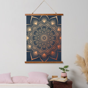 Tapisserie Suspendue Boho Navy Blue Peach Mandala Wood Tourné