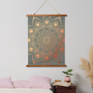 Tapisserie Suspendue Boho Sage Green Peach Mandala Wood Tourné