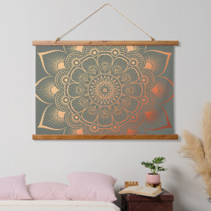 Tapisserie Suspendue Boho Sage Green Peach Mandala Wood Tourné