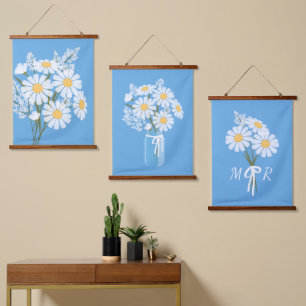 Tapisserie Suspendue Bouquet de Fleurs marguerites blanches sur Bleu Se