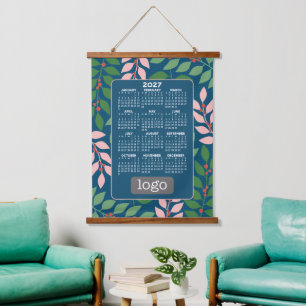 Tapisserie Suspendue Calendrier 2027 avec logo - Pêche Bleu Botanique