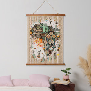Tapisserie Suspendue Carte d'Afrique Éléments Tribaux Décoratifs Motif