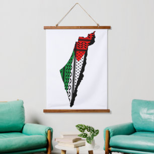 Tapisserie Suspendue Carte de Palestine avec drapeau et Motif Keffiyeg