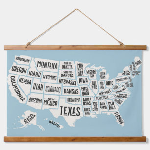 Tapisserie Suspendue Carte des États-Unis avec nom d'État Mur