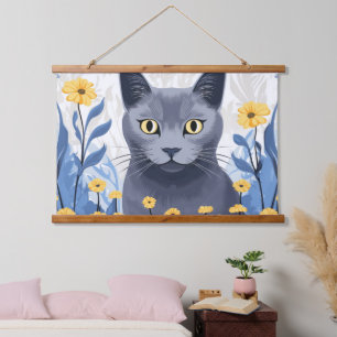 Tapisserie Suspendue Chat Bleu Russe Fleurs Jaunes