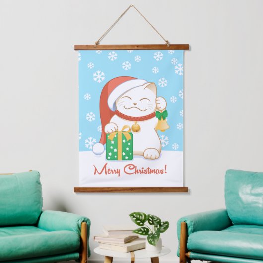 Tapisserie Suspendue Chat de Noël blanc dans un Casquette rouge (Salon)