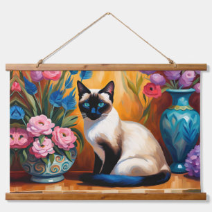 Tapisserie Suspendue Chat et bouquets siamois dans Vases aquarelle