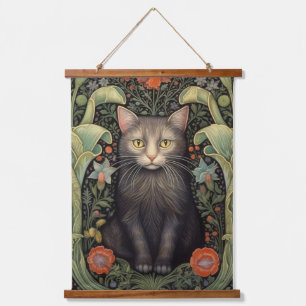 Tapisserie Suspendue Chat noir Art nouveau et fleurs rouges